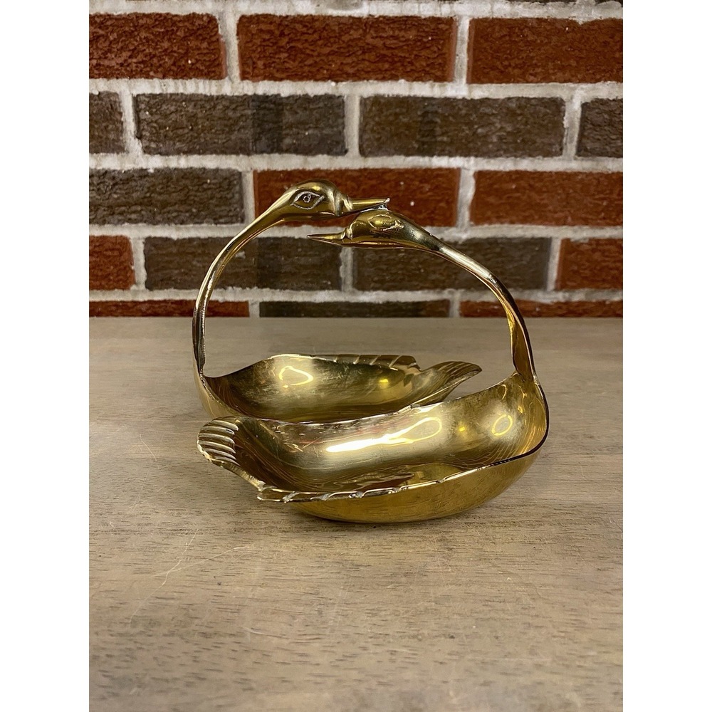Vintage Solid Brass 6X7" Double Swan Figurine Trinket Candy Nut Dish India